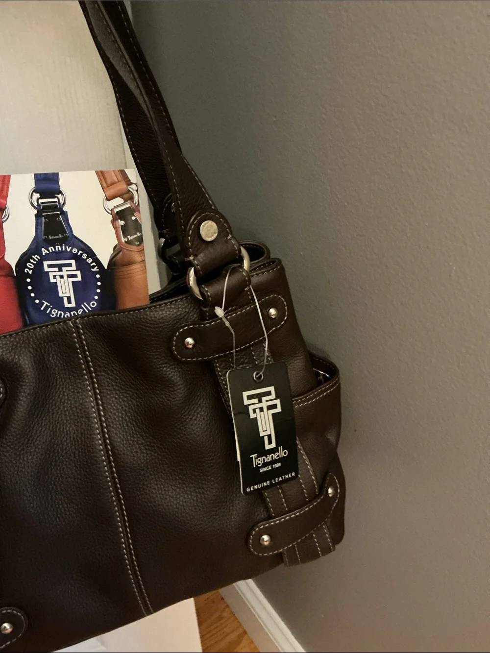 Tignanello Dark Brown Leather Tote Bag. NWT